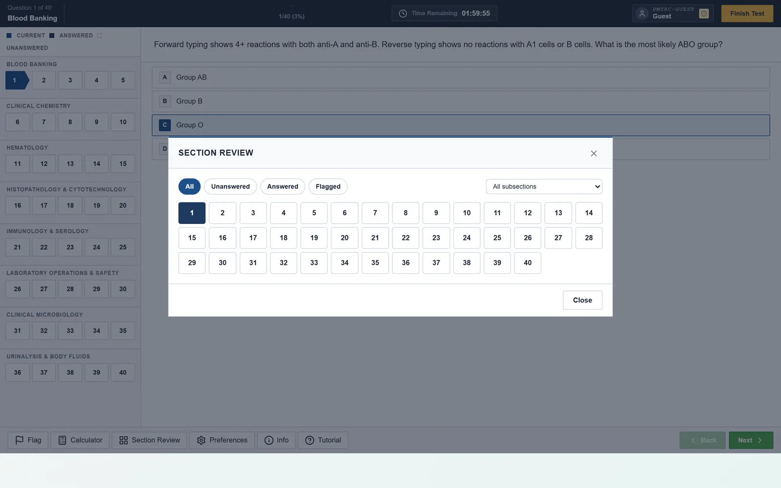 The free demo's Section Review dialog showing All, Unanswered, Answered and Flagged filters over a numbered grid of items 1 to 40