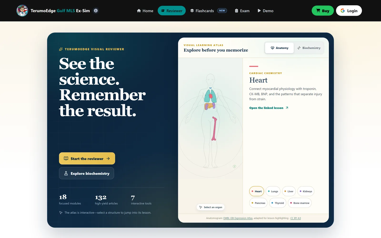 The TerumoEdge laboratory science reviewer hub with reviewer buttons, statistics and an interactive body atlas